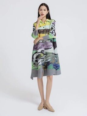 VANITE COUTURE Plisse Plisse 3/4 Sleeve A-Line Jacket / Midi Dress green multi